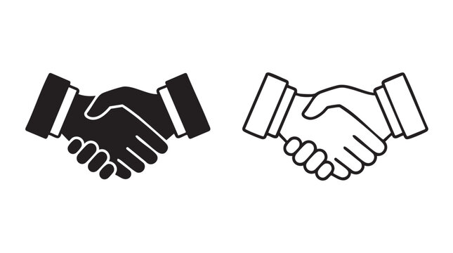 black silhouette with line art vector icon of two hands shaking in a handshake