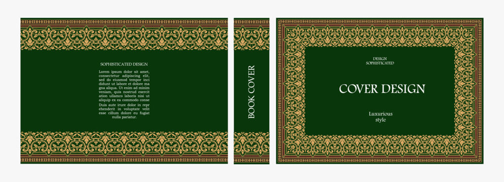 Elegant horizontal vintage book cover design with ornate Baroque frame, decorative gold ornaments, and luxurious retro style for publications, albums, posters, and premium layouts