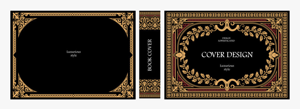 Elegant horizontal vintage book cover design with ornate Baroque frame, decorative gold ornaments, and luxurious retro style for publications, albums, posters, and premium layouts