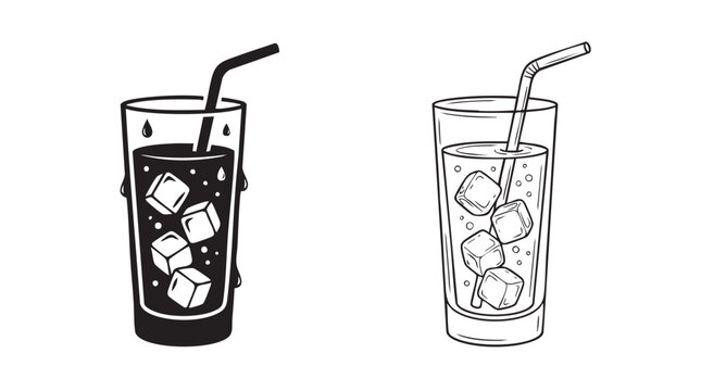 glass of soda with ice cubes and straw, black silhouette with line art vector icon