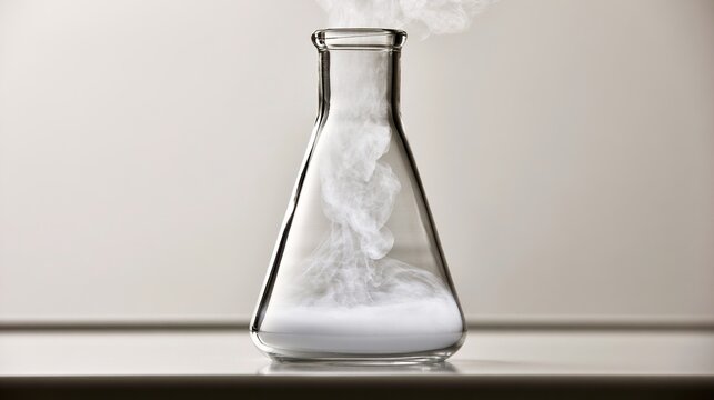 conical. Clear glass conical flask emitting white vapor on a lab bench. STEM education sheets, lab safety posters, designed for biotech research communications, clarifies complex topics.