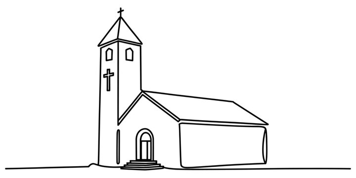 Continuous single line drawing of a small church building with a steeple and a cross