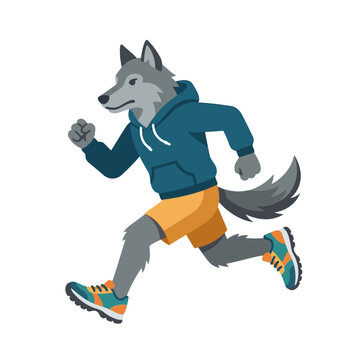 A cartoon illustration of a grey wolf running in athletic clothing