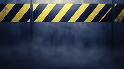 Obraz premium Industrial caution warning background with black and yellow hazard stripes and thick heavy smoke in dark setting