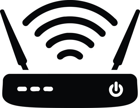 WiFi router icon with signal waves and power button graphic symbol design element