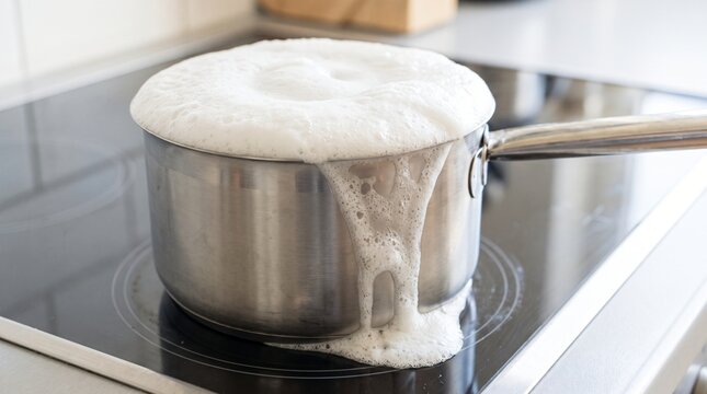 Metal Pot Boiling Over With White Froth on a Stovetop Showing Overwhelm and Capacity