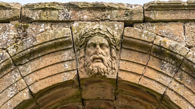 Carved Face Keystone Locking a Weathered Medieval Stone Arch Showing Critical Support
