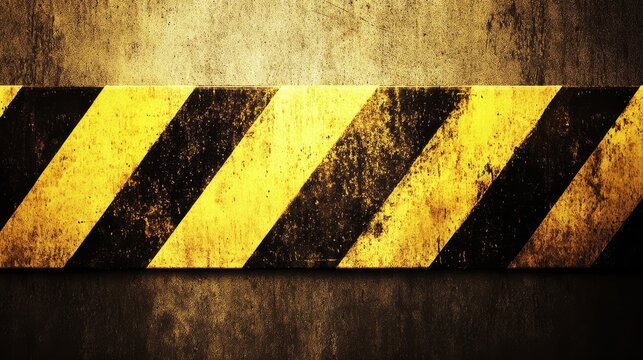 Grunge yellow and black caution tape texture on industrial concrete wall background surface