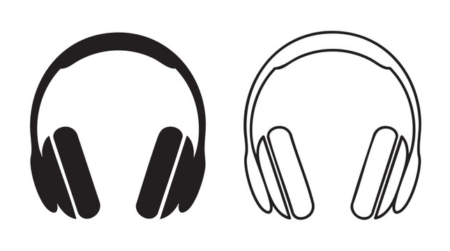 headphones black silhouette with line art vector icon featuring audio, music, listening