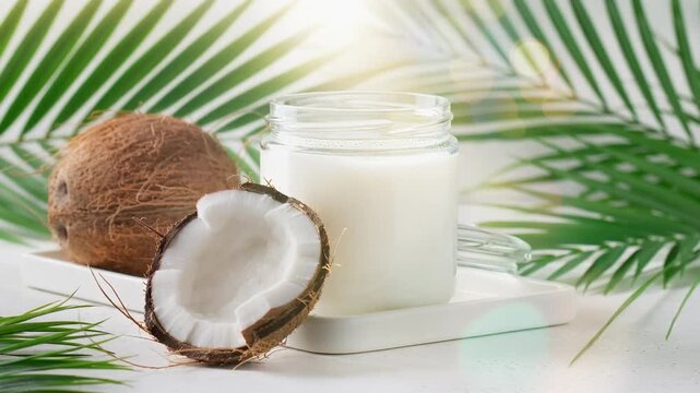 Fresh coconut milk in glass jar with split coconut and palm leaves on white tray