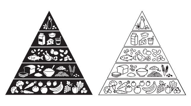 healthy food pyramid black silhouette with line art vector icon