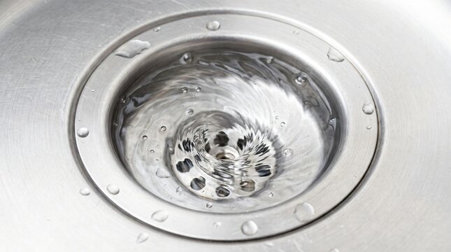 Down the Drain Concept, Clear Water Swirling in a Vortex Into a Stainless Steel Sink Drain
