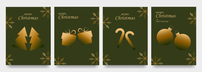 Fototapeta premium Christmas Card Set of 4, Luxury Minimal Merry Christmas Greeting Card Templates with Golden Gradient Christmas Tree, Gift Box, Candy Cane and Baubles on Dark Green Background Vector.