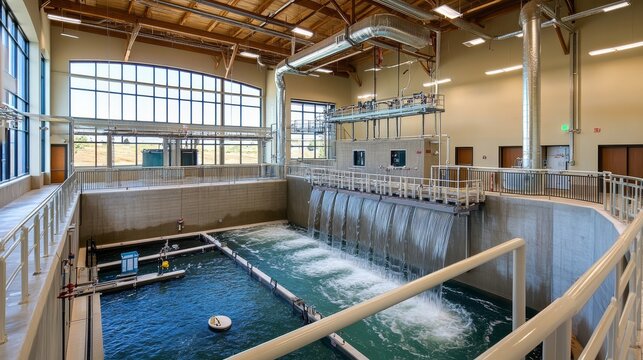 Industrial water treatment plant facility featuring large aeration tank and cascading waterfall system