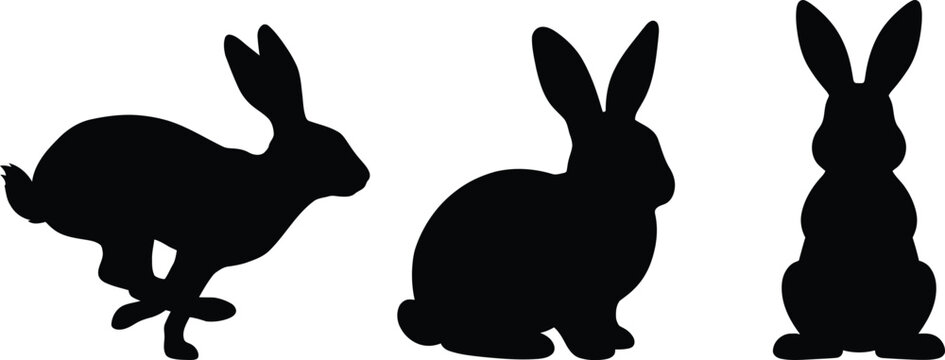 black rabbit hare and bunny running and sitting silhouette vector graphic icons isolated on white background