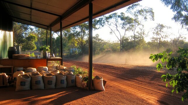 Rustic farm porch with grain sacks at sunset on dusty dirt road in outback with golden light rays