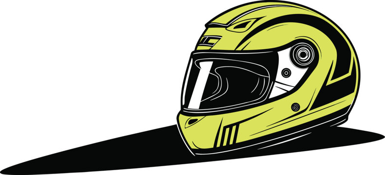 Neon yellow racing helmet vector illustration with black visor and shadow on white background