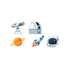 Space Exploration Icons: Telescope, Observatory, Planet, Rocket, Astronaut Helmet © amai line art