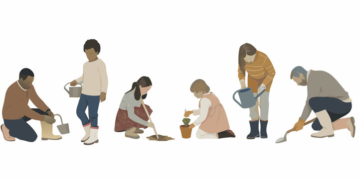 Multigenerational Garden Care Illustration Flat Vector Style On White Background
