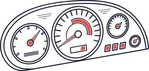 Naklejka premium Car dashboard with speedometer and gauges in hand-drawn line art style