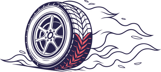 Racing car tire with red tread and smoke trails in a dynamic flat vector illustration © S M Sajib