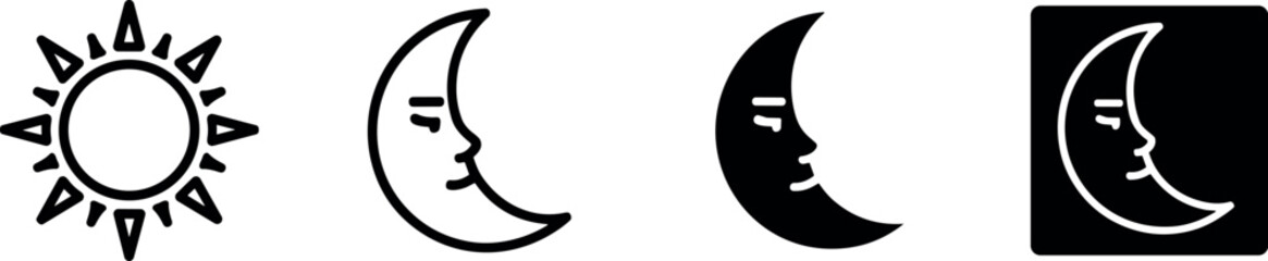 Collection of black and white sun and crescent moon icons featuring calm faces for day and night cycle concepts on white. © MdNasir