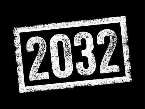 2032 rubber stamp impression with grunge texture for year marking, calendar events, schedule planning, document expiration, future goals, milestone tracking, business deadlines, and administrative dat