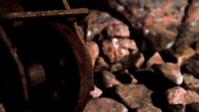 A rusty wheel is placed on rough stones in a mining area. The light of the late afternoon sun casts shadows on the earth. Nearby rocks add to the rugged texture of the scene.