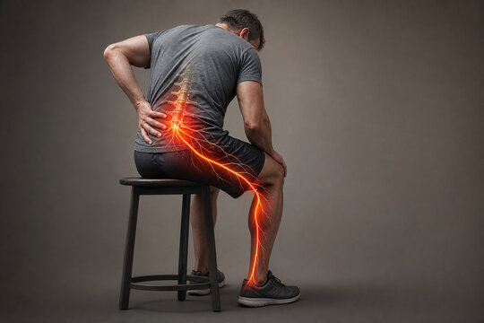 Seated man with glowing sciatic nerve pain