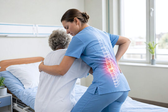 Nurse with lower back strain assisting patient