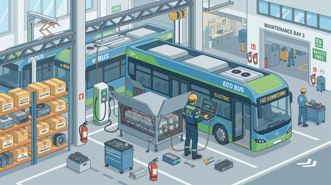 Isometric vector illustration of electric bus maintenance depot with mechanics servicing eco-friendly public transit vehicles and battery charging station in a modern garage workshop