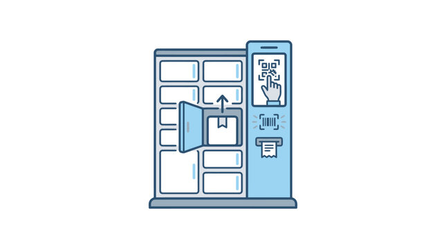 A blue vending machine with its door open on a city street corner