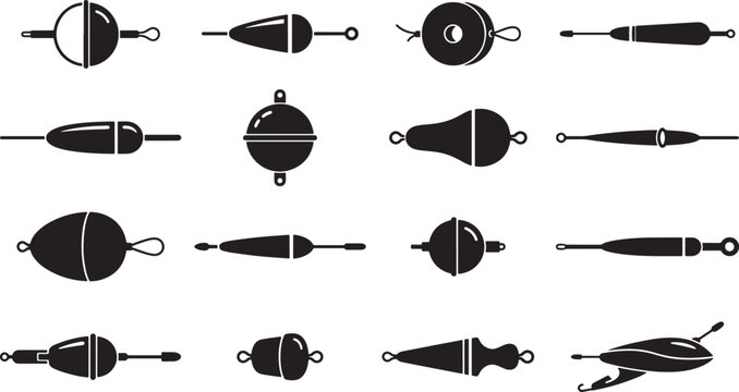 Black and white fishing sinkers and weights set illustration