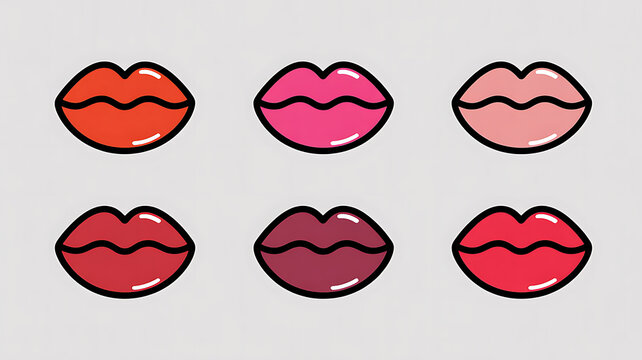 Six cartoon lips in different shades of red pink and orange with black outlines and white