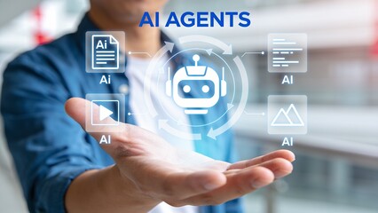 Obraz premium Man holding virtual interface representing AI agents and artificial intelligence automation technology