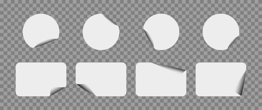 Blank sticker and label mockup set with realistic peeled corner effect. Round and rectangle adhesive templates on transparent background for branding, packaging, retail, and promotional design. Clean 