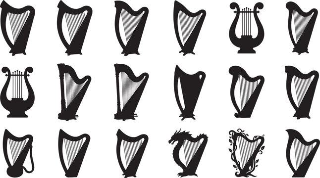 Collection of black and white harp and lyre musical instrument icons