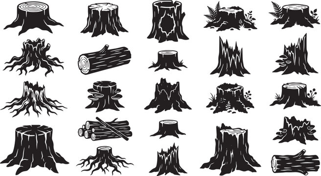 Collection of different fallen tree stumps and logs illustration