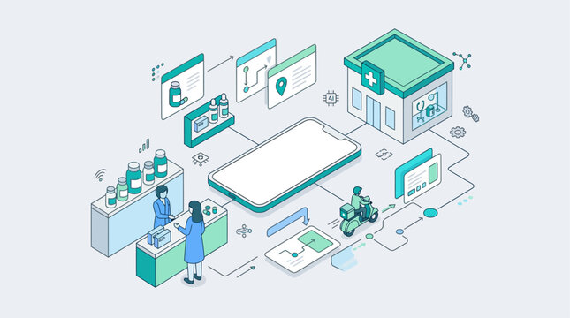 Isometric vector illustration of online pharmacy app and medicine delivery concept, showing smartphone, pharmacist counter, clinic, and scooter courier in clean teal outline style