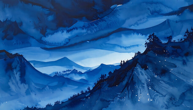 Blue Mountain Range Landscape At Night With Moonlit Peaks, Misty Valleys, And Nebulous Skies