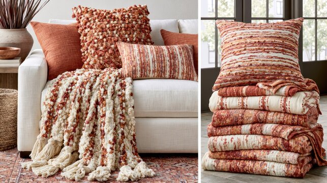 Burnt orange pillows and stacked patterned throw blankets.