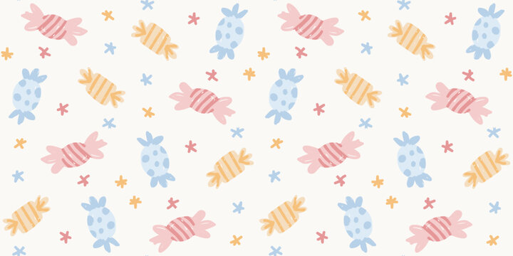 Seamless background pattern with dense hand drawn cute pastel wrapped candies and little stars
