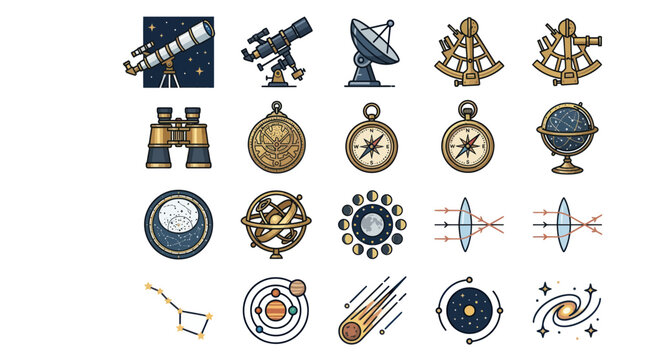 Astronomy and Navigation Icons Collection: Telescopes, Compasses, Celestial Globes, and Cosmic Phenomena