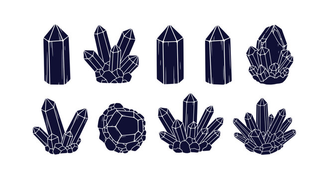 Black Quartz Crystal Silhouette Set Collection of Mineral Stones and Magic Gemstone Illustrations