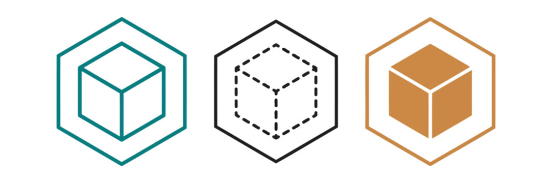 Three hexagonal geometric icons with a solid cube and wireframe box design eps