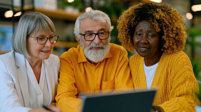 Nonprofit coordinator reviewing volunteer impact report with retired couple seated at nonprofit office table, aging volunteering psychological benefit, elder civic engagement program, retirement pur