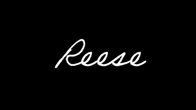 Elegant white handwritten cursive script text reading Reese on a solid black background.