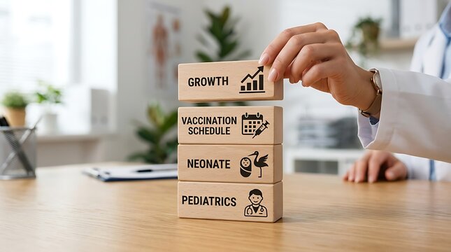  illustrates a healthcare concept using wooden blocks labeled "Growth," "Vaccination Schedule," and "Neonate".