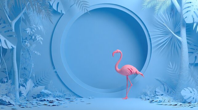 Pink flamingo in blue monochrome tropical jungle scene.