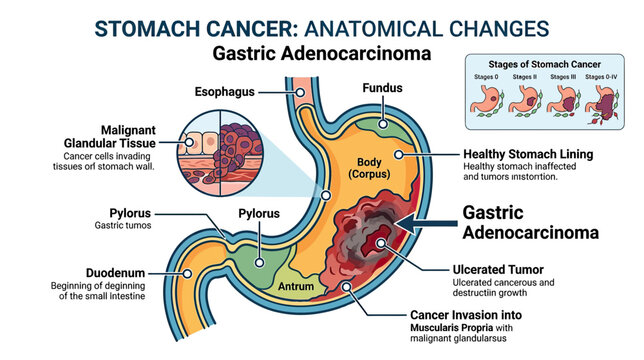 Stomach Cancer Anatomical Changes: Gastric Adenocarcinoma Illustration